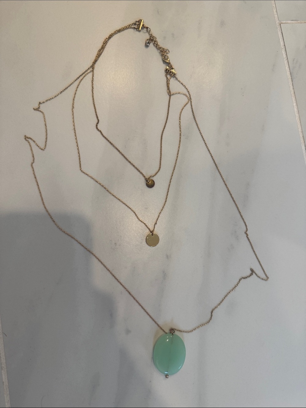Gold Layered Necklace with Mint Green Oval Pendant